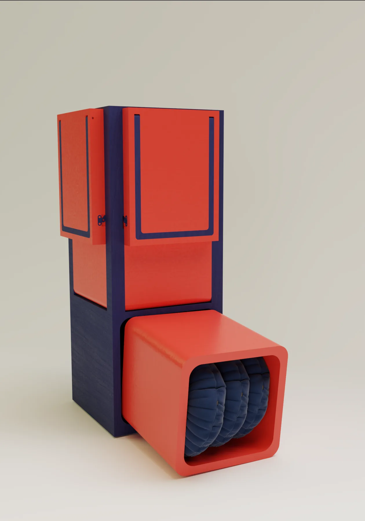 Cuscini blu estraibili riposti nel vano della seduta a cubo di KUBO.