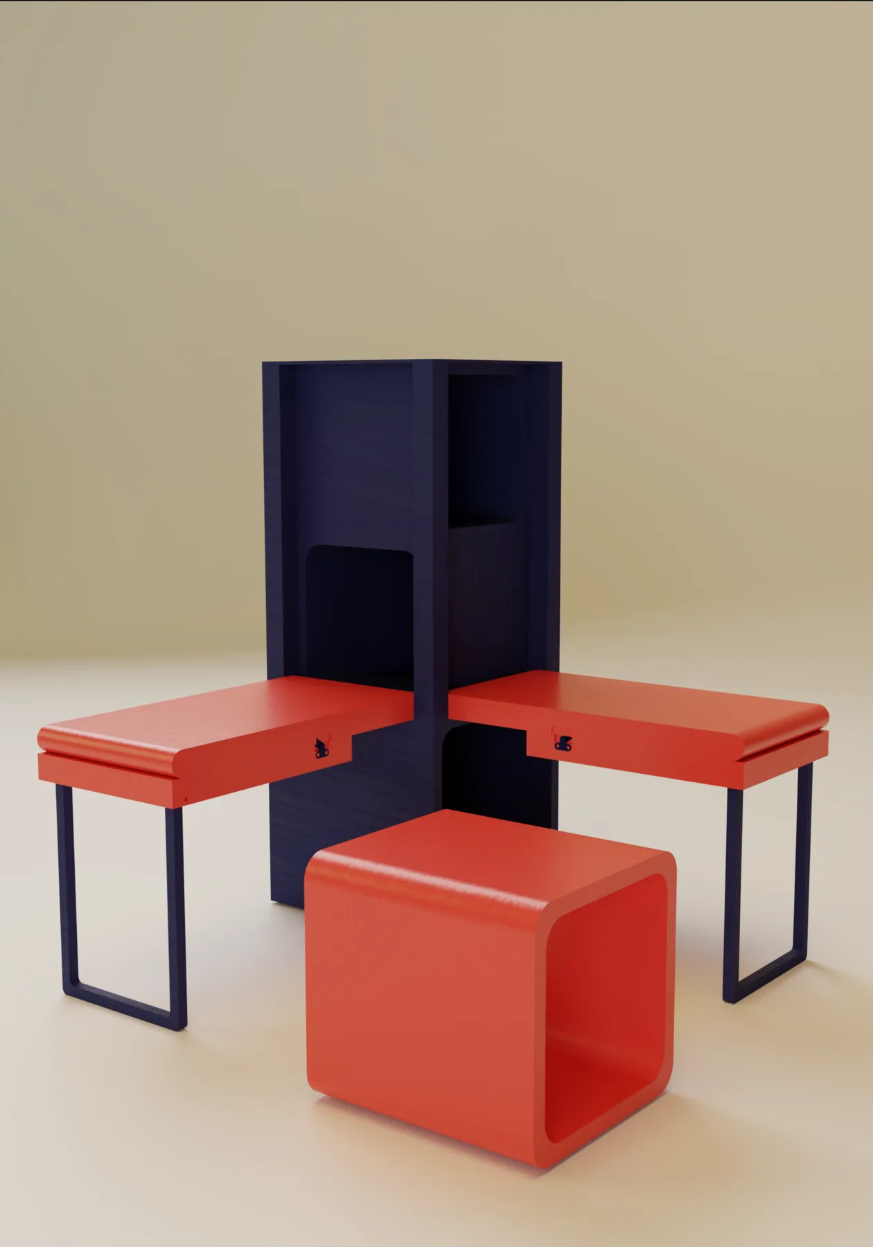 KUBO completamente aperto: postazione di lavoro con seduta a cubo.
